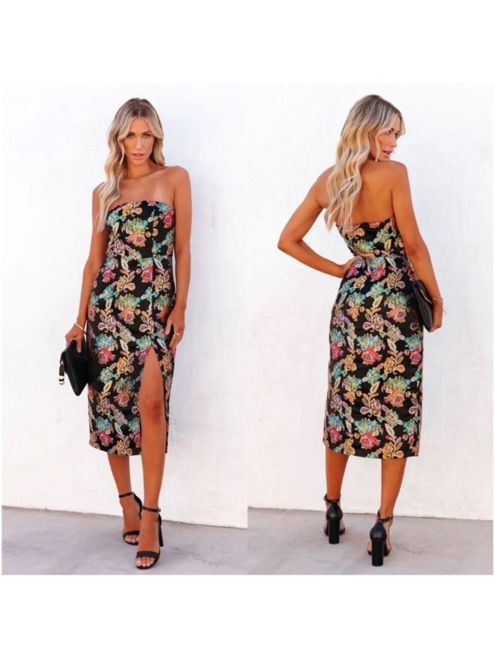 Olia Jacquard Strapless Midi Dress L Black Multi Floral Ganni Style
